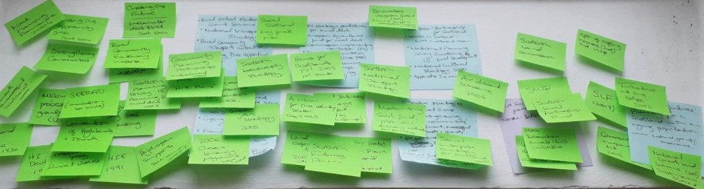 Photo of a mass of green and blue post it notes with unintelligible writing on them plastered over a white wall